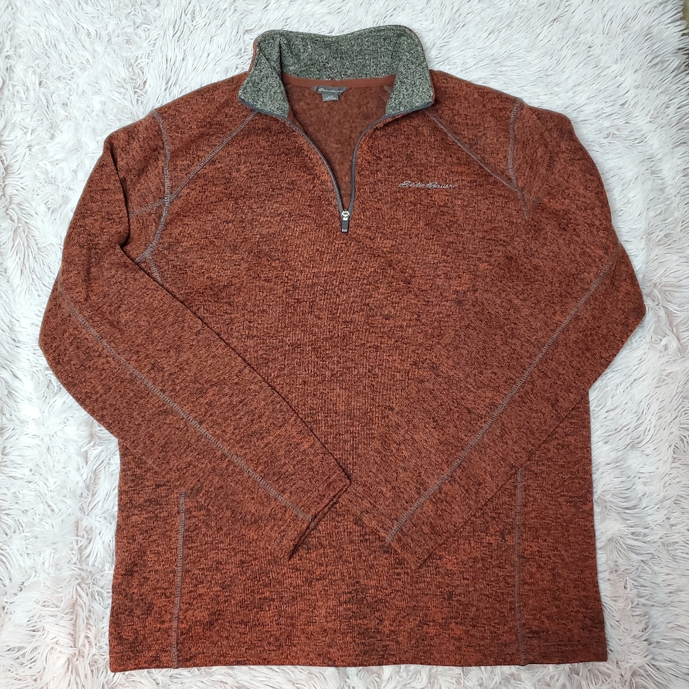 Mens EDDIE BAUER 1/4 zip pullover fleece lined jacket coat red brown gray Large